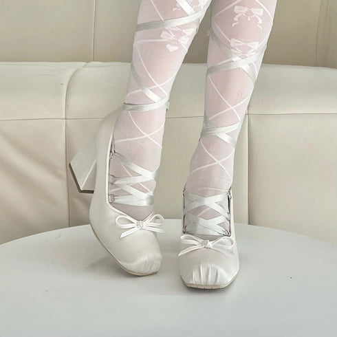 Elegant Chunky Heels Lolita Pumps for Women - Lace-Up Ballet Style Single Shoes for Spring and Autumn Parties, Fashionable French-Inspired Footwear with Square Toe and Super High Heel